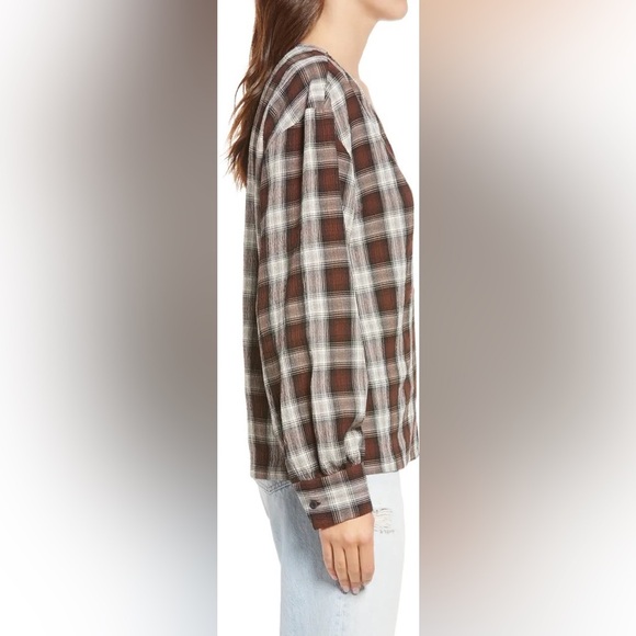 NWT Treasure & Bond Plaid V-Neck Button-Up Shirt Brown Ivory Plaid Long Sleeve L - Picture 5 of 13
